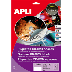Caja de 50 etiquetas CD/DVD autoadhesivas Inkjet/laser/copia mate removible Apli 114 mm.