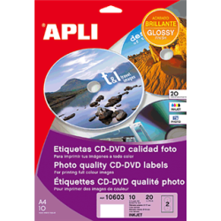 Caja de 20 etiquetas CD/DVD (Glossy) autoadhesivas Apli 117 mm