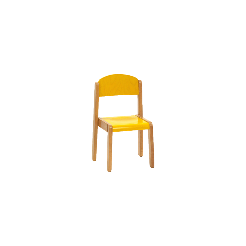 Silla infantil de madera color amarillo, altura asiento de 26 cm.