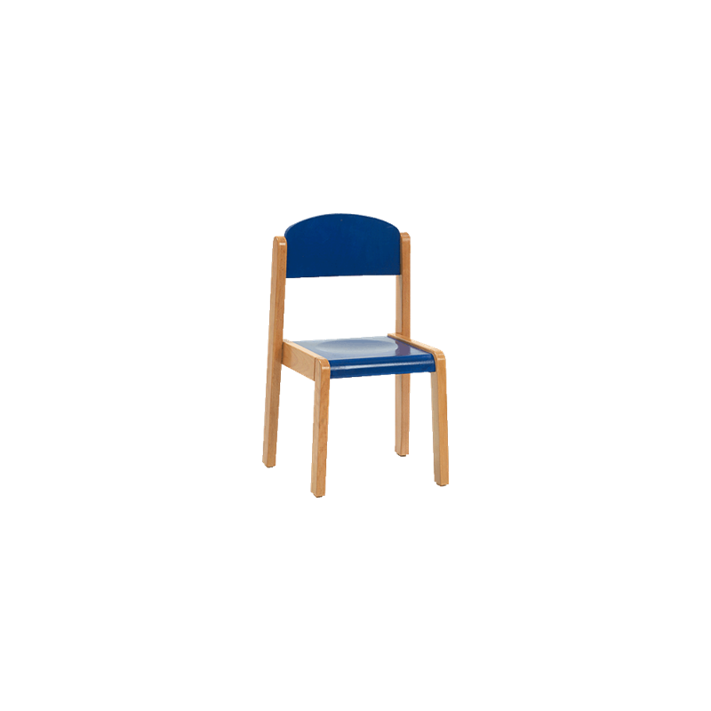 Silla infantil de madera color azul, altura asiento de 22 cm.