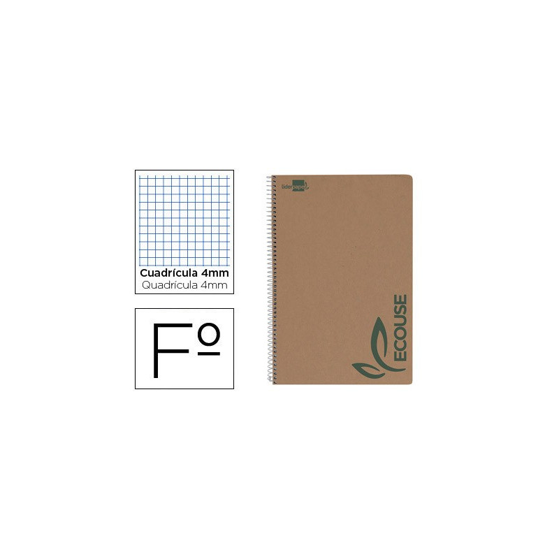 Cuaderno Reciclado con cubierta de cartoncillo, folio cuadricula 4 mm (5 unds)