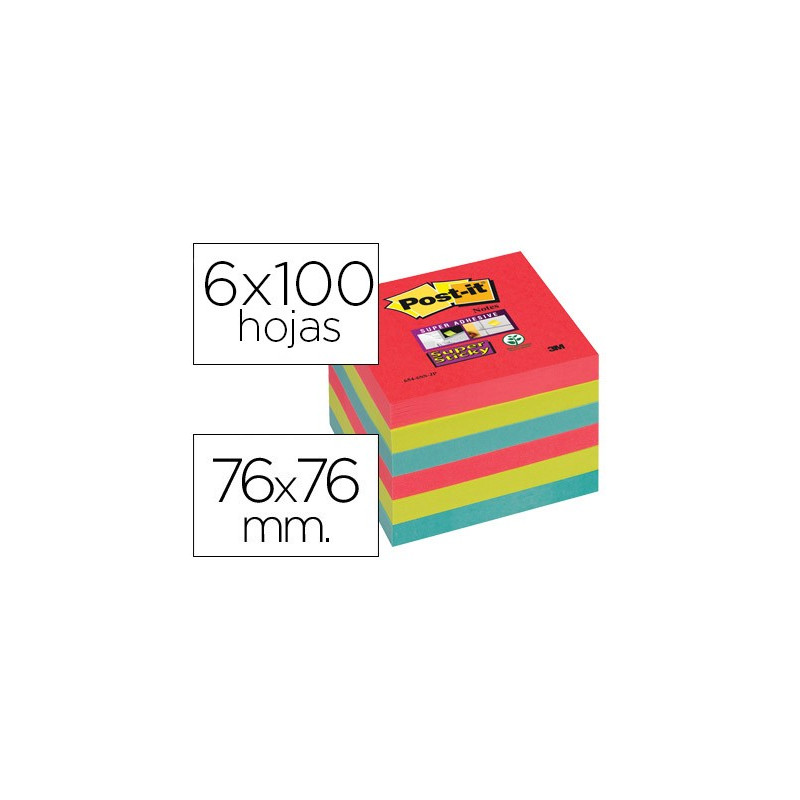 Taco de notas Post-it Super Sticky de 76 x 76 mm. colores Bora Bora (6 tacos)