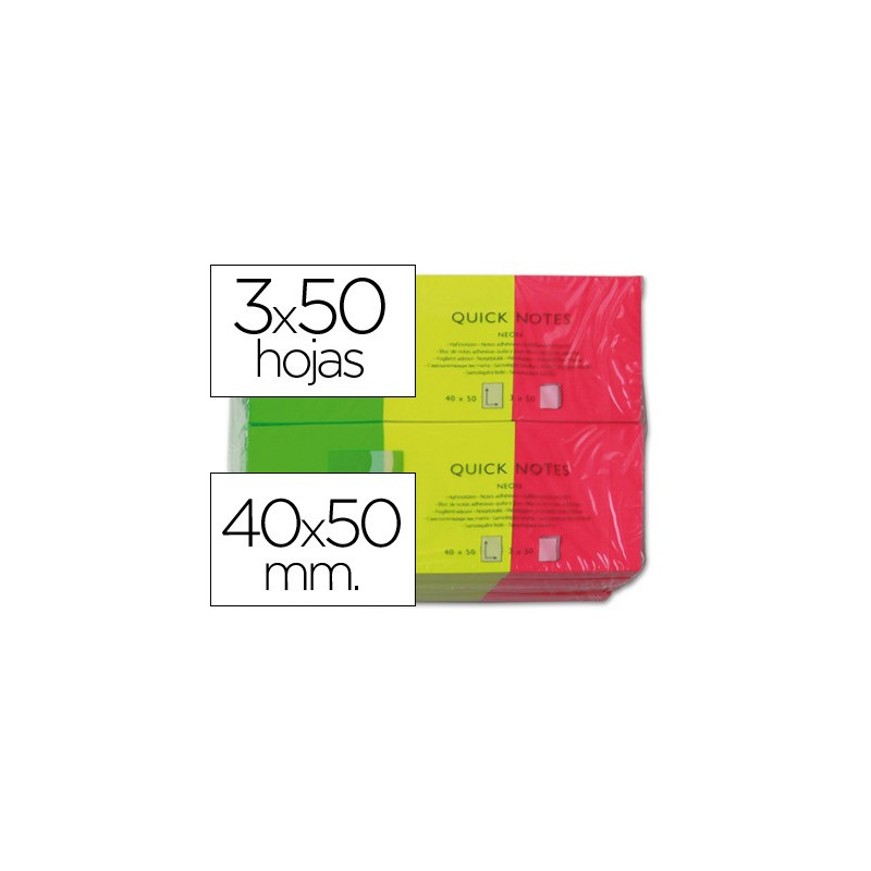  Pack de 3 bloc de notas adhesivas quita y pon de 40 x 50 mm. colores neón